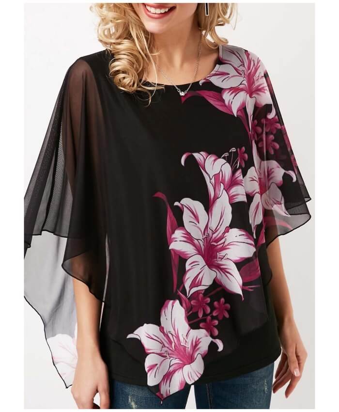 Flower Print Black Chiffon Overlay Blouse